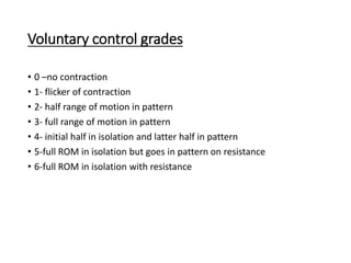 Voluntary control grades
• 0 –no contraction
• 1- flicker of contraction
• 2- half range of motion in pattern
• 3- full range of motion in pattern
• 4- initial half in isolation and latter half in pattern
• 5-full ROM in isolation but goes in pattern on resistance
• 6-full ROM in isolation with resistance
 