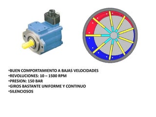 •BUEN COMPORTAMIENTO A BAJAS VELOCIDADES
•REVOLUCIONES: 10 – 1500 RPM
•PRESION: 150 BAR
•GIROS BASTANTE UNIFORME Y CONTINUO
•SILENCIOSOS
 