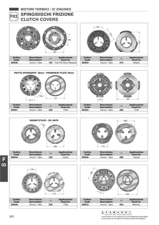 MOTORI TERMICI / IC ENGINES
SPINGIDISCHI FRIZIONE
CLUTCH COVERS
F03
960 I nostri ricambi non sono originali ma con essi perfettamente intercambiabili
Our spare parts are not original but with them perfectly interchangeable
F
03
187
105
Codice
Code
Descrizione
Description
Applicazione
Used for
SD030 Nuovo - New 187 Fiori-F.lli Dieci Pasquali
84
214
275
Codice
Code
Descrizione
Description
Applicazione
Used for
SD029 Nuovo - New 275 Nissan
PIATTO SPORGENTE 30mm - PROMINENT PLATE 30mm
325
155.5
108.5
Codice
Code
Descrizione
Description
Applicazione
Used for
SD031 Nuovo - New 325 TCM
26075
Codice
Code
Descrizione
Description
Applicazione
Used for
SD032 Nuovo - New 260 TCM
BAGNO D’OLIO - OIL BATH
335
97
Codice
Code
Descrizione
Description
Applicazione
Used for
SD034 Nuovo - New 335 Hyster
110
200
Codice
Code
Descrizione
Description
Applicazione
Used for
SD035 Nuovo - New 200 Toyota
110
170
Codice
Code
Descrizione
Description
Applicazione
Used for
SD036 Nuovo - New 225 TCM
254
136
71
Codice
Code
Descrizione
Description
Applicazione
Used for
SD033 Nuovo - New 254 Manitou
 