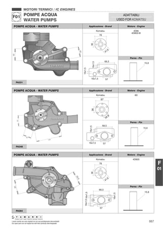 887I nostri ricambi non sono originali ma con essi perfettamente intercambiabili
Our spare parts are not original but with them perfectly interchangeable
MOTORI TERMICI / IC ENGINES
POMPE ACQUA
WATER PUMPS
F01 ADATTABILI
USED FOR KOMATSU
F
01
POMPE ACQUA - WATER PUMPS Applicazione - Brand Motore - Engine
Komatsu 4D95
4D95S-W
Perno - Pin
PA331
POMPE ACQUA - WATER PUMPS Applicazione - Brand Motore - Engine
Komatsu 6D
Perno - Pin
PA348
POMPE ACQUA - WATER PUMPS Applicazione - Brand Motore - Engine
Komatsu 4D95S
Perno - Pin
PA364
 