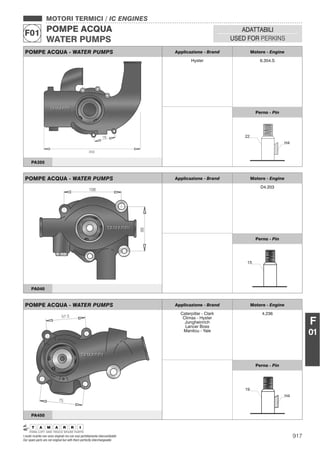917I nostri ricambi non sono originali ma con essi perfettamente intercambiabili
Our spare parts are not original but with them perfectly interchangeable
MOTORI TERMICI / IC ENGINES
POMPE ACQUA
WATER PUMPS
F01 ADATTABILI
USED FOR PERKINS
F
01
POMPE ACQUA - WATER PUMPS Applicazione - Brand Motore - Engine
Hyster 6.354.S
Perno - Pin
PA355
POMPE ACQUA - WATER PUMPS Applicazione - Brand Motore - Engine
D4.203
Perno - Pin
PA040
POMPE ACQUA - WATER PUMPS Applicazione - Brand Motore - Engine
Caterpillar - Clark
Climax - Hyster
Jungheinrich
Lancer Boss
Manitou - Yale
4.236
Perno - Pin
PA450
 
