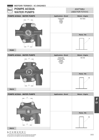 919I nostri ricambi non sono originali ma con essi perfettamente intercambiabili
Our spare parts are not original but with them perfectly interchangeable
MOTORI TERMICI / IC ENGINES
POMPE ACQUA
WATER PUMPS
F01 ADATTABILI
USED FOR PERKINS
F
01
POMPE ACQUA - WATER PUMPS Applicazione - Brand Motore - Engine
Caterpillar
Clark
Hyster
Lugli
D3.152U
Perno - Pin
PA300
POMPE ACQUA - WATER PUMPS Applicazione - Brand Motore - Engine
Caterpillar
Lancer boss
Hyster
Fenwick
Lugli
D3.152
Perno - Pin
PA310
POMPE ACQUA - WATER PUMPS Applicazione - Brand Motore - Engine
Perno - Pin
PA312
 