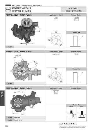 922 I nostri ricambi non sono originali ma con essi perfettamente intercambiabili
Our spare parts are not original but with them perfectly interchangeable
MOTORI TERMICI / IC ENGINES
POMPE ACQUA
WATER PUMPS
F01
ADATTABILI
USED FOR PERKINS
F
01
POMPE ACQUA - WATER PUMPS Applicazione - Brand Motore - Engine
Lugli
Linde
CP80882
CP80820
CP81149
Perno - Pin
PA382
POMPE ACQUA - WATER PUMPS Applicazione - Brand Motore - Engine
Jungheinrich 704.30
Perno - Pin
PA391
POMPE ACQUA - WATER PUMPS Applicazione - Brand Motore - Engine
Caterpillar
Cesab
Linde
Perno - Pin
PA298 PA328
PA298 Caterpillar
PA328 Cesab - Linde
 
