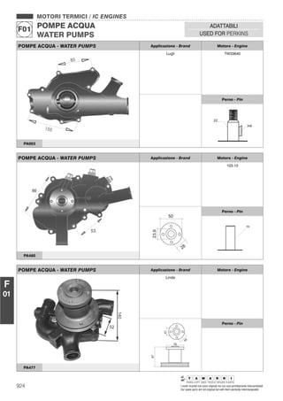 924 I nostri ricambi non sono originali ma con essi perfettamente intercambiabili
Our spare parts are not original but with them perfectly interchangeable
MOTORI TERMICI / IC ENGINES
POMPE ACQUA
WATER PUMPS
F01
ADATTABILI
USED FOR PERKINS
F
01
POMPE ACQUA - WATER PUMPS Applicazione - Brand Motore - Engine
Lugli TW33640
Perno - Pin
PA003
POMPE ACQUA - WATER PUMPS Applicazione - Brand Motore - Engine
103.10
23,9
28
50
Perno - Pin
16
PA460
POMPE ACQUA - WATER PUMPS Applicazione - Brand Motore - Engine
Linde
41
45
87
79
Perno - Pin
PA477
 
