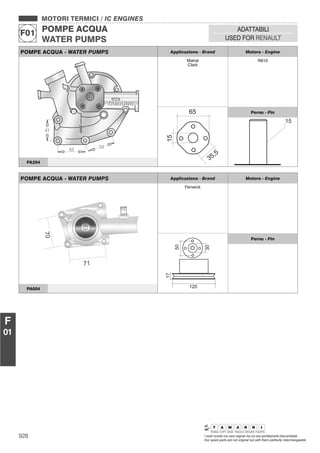 928 I nostri ricambi non sono originali ma con essi perfettamente intercambiabili
Our spare parts are not original but with them perfectly interchangeable
MOTORI TERMICI / IC ENGINES
POMPE ACQUA
WATER PUMPS
F01
ADATTABILI
USED FOR RENAULT
F
01
POMPE ACQUA - WATER PUMPS Applicazione - Brand Motore - Engine
Matral
Clark
R810
Perno - Pin
PA294
POMPE ACQUA - WATER PUMPS Applicazione - Brand Motore - Engine
Fenwick
50
17
120
30
Perno - Pin
PA004
 