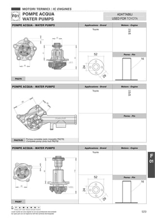 929I nostri ricambi non sono originali ma con essi perfettamente intercambiabili
Our spare parts are not original but with them perfectly interchangeable
MOTORI TERMICI / IC ENGINES
POMPE ACQUA
WATER PUMPS
F01 ADATTABILI
USED FOR TOYOTA
F
01
POMPE ACQUA - WATER PUMPS Applicazione - Brand Motore - Engine
Toyota 2J
5P
5R
Perno - Pin
PA279
POMPE ACQUA - WATER PUMPS Applicazione - Brand Motore - Engine
Toyota 2J
5P
5R
Perno - Pin
PA279/B
Pompa completa (solo mozzetto PA279)
Complete pump (only hub PA279)
POMPE ACQUA - WATER PUMPS Applicazione - Brand Motore - Engine
Toyota
Perno - Pin
PA287
 