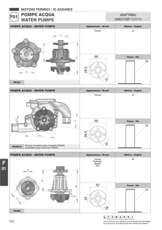 932 I nostri ricambi non sono originali ma con essi perfettamente intercambiabili
Our spare parts are not original but with them perfectly interchangeable
MOTORI TERMICI / IC ENGINES
POMPE ACQUA
WATER PUMPS
F01
ADATTABILI
USED FOR TOYOTA
F
01
POMPE ACQUA - WATER PUMPS Applicazione - Brand Motore - Engine
Toyota 2J
Perno - Pin
PA323
POMPE ACQUA - WATER PUMPS Applicazione - Brand Motore - Engine
Toyota 2J
Perno - Pin
PA323/A
Pompa completa (solo mozzetto PA323)
Complete pump (only hub PA323)
POMPE ACQUA - WATER PUMPS Applicazione - Brand Motore - Engine
Toyota
Komatsu
Nissan
Tcm
4P
Perno - Pin
PA286
 