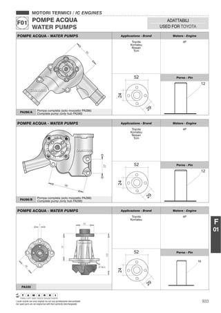 933I nostri ricambi non sono originali ma con essi perfettamente intercambiabili
Our spare parts are not original but with them perfectly interchangeable
MOTORI TERMICI / IC ENGINES
POMPE ACQUA
WATER PUMPS
F01 ADATTABILI
USED FOR TOYOTA
F
01
POMPE ACQUA - WATER PUMPS Applicazione - Brand Motore - Engine
Toyota
Komatsu
Nissan
Tcm
4P
Perno - Pin
PA286/A
Pompa completa (solo mozzetto PA286)
Complete pump (only hub PA286)
POMPE ACQUA - WATER PUMPS Applicazione - Brand Motore - Engine
Toyota
Komatsu
Nissan
Tcm
4P
Perno - Pin
PA286/B
Pompa completa (solo mozzetto PA286)
Complete pump (only hub PA286)
POMPE ACQUA - WATER PUMPS Applicazione - Brand Motore - Engine
Toyota
Komatsu
4P
Perno - Pin
PA335
 