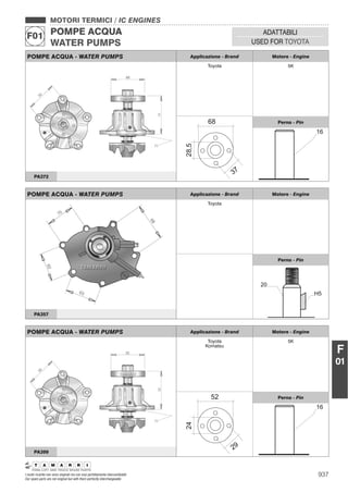 937I nostri ricambi non sono originali ma con essi perfettamente intercambiabili
Our spare parts are not original but with them perfectly interchangeable
MOTORI TERMICI / IC ENGINES
POMPE ACQUA
WATER PUMPS
F01 ADATTABILI
USED FOR TOYOTA
F
01
POMPE ACQUA - WATER PUMPS Applicazione - Brand Motore - Engine
Toyota 5K
Perno - Pin
PA372
POMPE ACQUA - WATER PUMPS Applicazione - Brand Motore - Engine
Toyota
Komatsu
5K
Perno - Pin
PA399
POMPE ACQUA - WATER PUMPS Applicazione - Brand Motore - Engine
Toyota
Perno - Pin
PA357
 