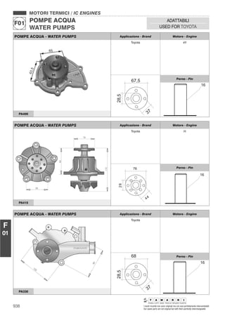 938 I nostri ricambi non sono originali ma con essi perfettamente intercambiabili
Our spare parts are not original but with them perfectly interchangeable
MOTORI TERMICI / IC ENGINES
POMPE ACQUA
WATER PUMPS
F01
ADATTABILI
USED FOR TOYOTA
F
01
POMPE ACQUA - WATER PUMPS Applicazione - Brand Motore - Engine
Toyota 4Y
67,5 Perno - Pin
PA400
POMPE ACQUA - WATER PUMPS Applicazione - Brand Motore - Engine
Toyota H
Perno - Pin
PA415
POMPE ACQUA - WATER PUMPS Applicazione - Brand Motore - Engine
Toyota
Perno - Pin
PA330
 