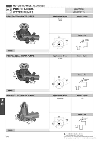 942 I nostri ricambi non sono originali ma con essi perfettamente intercambiabili
Our spare parts are not original but with them perfectly interchangeable
MOTORI TERMICI / IC ENGINES
POMPE ACQUA
WATER PUMPS
F01
ADATTABILI
USED FOR VM
F
01
POMPE ACQUA - WATER PUMPS Applicazione - Brand Motore - Engine
Cesab
SID L
Perno - Pin
CHIUSO
CLOSED
PA336
POMPE ACQUA - WATER PUMPS Applicazione - Brand Motore - Engine
SID LTC
Perno - Pin
PASSANTE
OPEN
PA411
POMPE ACQUA - WATER PUMPS Applicazione - Brand Motore - Engine
Industriale 77B
Perno - Pin
PASSANTE
OPEN
PA451
 