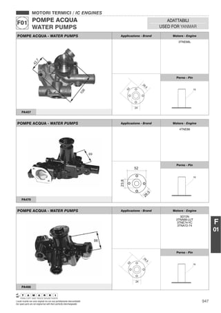 947I nostri ricambi non sono originali ma con essi perfettamente intercambiabili
Our spare parts are not original but with them perfectly interchangeable
MOTORI TERMICI / IC ENGINES
POMPE ACQUA
WATER PUMPS
F01 ADATTABILI
USED FOR YANMAR
F
01
POMPE ACQUA - WATER PUMPS Applicazione - Brand Motore - Engine
3TNE68L
28,5
24
52
Perno - Pin
16
PA457
POMPE ACQUA - WATER PUMPS Applicazione - Brand Motore - Engine
4TNE88
23,8
28,5
52
Perno - Pin
16
PA470
POMPE ACQUA - WATER PUMPS Applicazione - Brand Motore - Engine
3D72N
3TNA68-LUT
3TNE74-YC
3TNA72-74
28,5
24
52
Perno - Pin
16
PA466
 