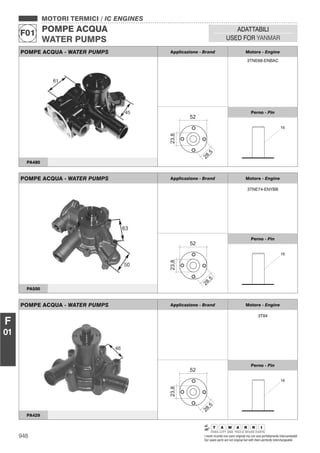 948 I nostri ricambi non sono originali ma con essi perfettamente intercambiabili
Our spare parts are not original but with them perfectly interchangeable
MOTORI TERMICI / IC ENGINES
POMPE ACQUA
WATER PUMPS
F01
ADATTABILI
USED FOR YANMAR
F
01
POMPE ACQUA - WATER PUMPS Applicazione - Brand Motore - Engine
3TNE68-ENBAC
23,8
28,5
52
Perno - Pin
16
PA480
POMPE ACQUA - WATER PUMPS Applicazione - Brand Motore - Engine
3TNE74-ENYBB
23,8
28,5
52
Perno - Pin
16
PA500
POMPE ACQUA - WATER PUMPS Applicazione - Brand Motore - Engine
3T84
23,8
28,5
52
Perno - Pin
16
PA429
 