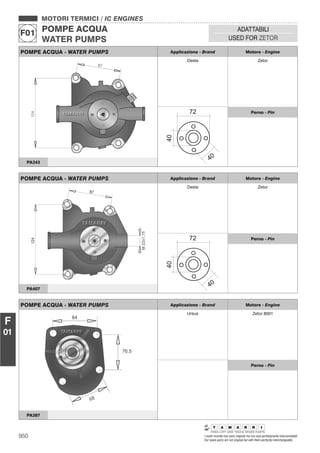 950 I nostri ricambi non sono originali ma con essi perfettamente intercambiabili
Our spare parts are not original but with them perfectly interchangeable
MOTORI TERMICI / IC ENGINES
POMPE ACQUA
WATER PUMPS
F01
ADATTABILI
USED FOR ZETOR
F
01
POMPE ACQUA - WATER PUMPS Applicazione - Brand Motore - Engine
Desta Zetor
Perno - Pin
PA343
POMPE ACQUA - WATER PUMPS Applicazione - Brand Motore - Engine
Desta Zetor
Perno - Pin
PA407
POMPE ACQUA - WATER PUMPS Applicazione - Brand Motore - Engine
Ursus Zetor 8001
Perno - Pin
PA387
 