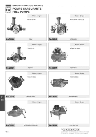 MOTORI TERMICI / IC ENGINES
POMPE CARBURANTE
FUEL PUMPS
F02
954 I nostri ricambi non sono originali ma con essi perfettamente intercambiabili
Our spare parts are not original but with them perfectly interchangeable
F
02
MOTORI TERMICI / IC ENGINES
POMPE CARBURANTE
FUEL PUMPS
F02
Motore - Engine
ISUZU DA120
PAC3028 TCM
Motore - Engine
MITSUBISHI S4E-4DQ5
PAC3018 MITSUBISHI
Motore - Engine
TOYOTA 2J
PAC3021 TOYOTA
Motore - Engine
KOMATSU 4D95
PAC3017 KOMATSU
Motore - Engine
NISSAN SD25
PAC3019 NISSAN EH02
Motore - Engine
NISSAN SD22
PAC3030 NISSAN QF02
Motore - Engine
PAC3027 MITSUBISHI FD20F18A
Motore - Engine
PAC3022 TOYOTA 5FD25
 