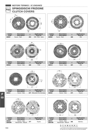 MOTORI TERMICI / IC ENGINES
SPINGIDISCHI FRIZIONE
CLUTCH COVERS
F03
958 I nostri ricambi non sono originali ma con essi perfettamente intercambiabili
Our spare parts are not original but with them perfectly interchangeable
F
03
277
108
Codice
Code
Descrizione
Description
Applicazione
Used for
SD020 Nuovo - New
277 Toyota
SD020R Revisionato - Rebuilt
46
254
75
147
Codice
Code
Descrizione
Description
Applicazione
Used for
SD001 Nuovo - New 254 OM - PGS - Varie
280
6063
122
Codice
Code
Descrizione
Description
Applicazione
Used for
SD002 Nuovo - New 280 OM
82
280
41
Codice
Code
Descrizione
Description
Applicazione
Used for
SD024 Nuovo - New 280 TCM
153
267
Codice
Code
Descrizione
Description
Applicazione
Used for
SD012 Nuovo - New 267 OM
285154
79
Codice
Code
Descrizione
Description
Applicazione
Used for
SD016 Nuovo - New
285 Manitou
SD016R Revisionato - Rebuilt
41,5
277
83
Codice
Code
Descrizione
Description
Applicazione
Used for
SD021 Nuovo - New 277 Mitsubishi-Tcm-Komatsu
277
108
Codice
Code
Descrizione
Description
Applicazione
Used for
SD022 Nuovo - New 277 Toyota
 