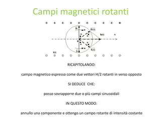 Campi magnetici rotanti
RICAPITOLANDO:
campo magnetico espresso come due vettori H/2 rotanti in verso opposto
SI DEDUCE CHE:
posso sovrapporre due o più campi sinusoidali
IN QUESTO MODO:
annullo una componente e ottengo un campo rotante di intensità costante
 