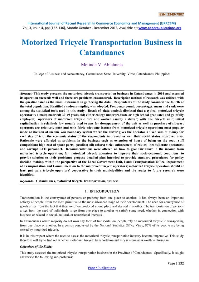 Motorized Tricycle Transportation Business in Catanduanes | PDF
