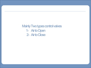 Main title
Write title here
Write Discussionhere
MainlyTwotypescontrolvalves
1- AirtoOpen
2- AirtoClose
 
