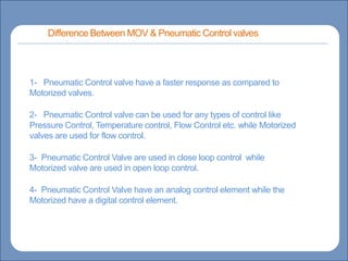Main title
Write title here
Write Discussionhere
1- Pneumatic Control valve have a faster response as compared to
Motorized valves.
2- Pneumatic Control valve can be used for any types of control like
Pressure Control, Temperature control, Flow Control etc. while Motorized
valves are used for flow control.
3- Pneumatic Control Valve are used in close loop control while
Motorized valve are used in open loop control.
4- Pneumatic Control Valve have an analog control element while the
Motorized have a digital control element.
Difference Between MOV & Pneumatic Control valves
 
