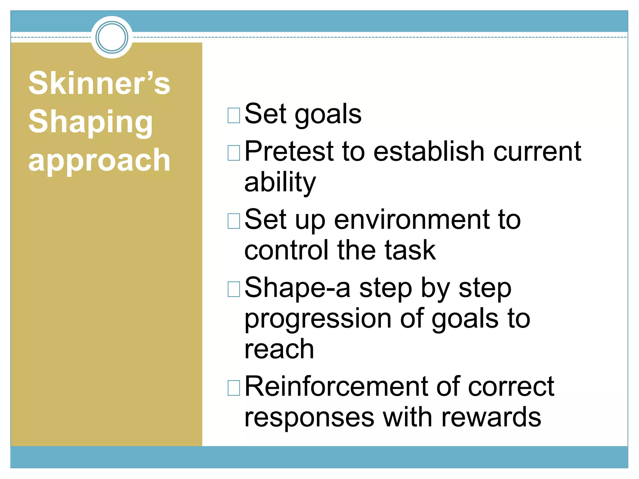 Skinner’s 
Shaping 
approach 
Set goals 
Pretest to establish current 
ability 
Set up environment to 
control the task 
Shape-a step by step 
progression of goals to 
reach 
Reinforcement of correct 
responses with rewards 
 