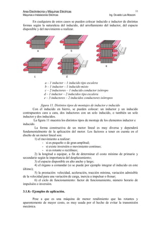 Area Electrotecnia y Máquinas Eléctricas
Máquinas e Instalaciones Eléctricas Ing. Osvaldo Luis Mosconi
11
En cualquiera de estos casos se pueden colocar inducido e inductor de distintas
formas según la naturaleza del inducido, del arrollamiento del inductor, del espacio
disponible y del movimiento a realizar.
a b
c d
e
a – 1 inductor – 1 inducido tipo escalera
b – 1 inductor – 1 inducido mixto
c – 2 inductores – 1 inducido conductor isótropo
d – 1 inductor – 2 inducidos tipo escalera
e – 3 inductores – 2 inducidos conductores isótropos
figura 11. Distintos tipos de montajes de inductor e inducido
Con el inducido en hierro, se pueden colocar: un inductor y un inducido
contrapuestos cara a cara, dos inductores con un solo inducido, o también un solo
inductor y dos inducidos.
La figura 11 muestra los distintos tipos de montaje de los elementos inductor e
inducido.
La forma constructiva de un motor lineal es muy diversa y dependerá
fundamentalmente de la aplicación del motor. Los factores a tener en cuenta en el
diseño de un motor lineal son:
1) el movimiento a realizar:
- si es pequeño o de gran amplitud;
- si existe inversión o movimiento continuo;
- si es rotante o rectilíneo;
2) la longitud a equipar, a fin de determinar el costo mínimo de primario y
secundario según la importancia del desplazamiento;
3) el espacio disponible en alto ancho y largo;
4) el órgano a comandar (si se puede por ejemplo integrar el inducido en este
último);
5) la prestación: velocidad, aceleración, tracción mínima, variación admisible
de la velocidad para una variación de carga, inercia a impulsar o frenar;
6) el ciclo de funcionamiento: factor de funcionamiento, número horario de
impulsión o inversión.
3.1.8.- Ejemplos de aplicación.
Pese a que es una máquina de menor rendimiento que las rotantes y
aparentemente de mayor costo, es muy usada por el hecho de evitar la transmisión
mecánica.
 