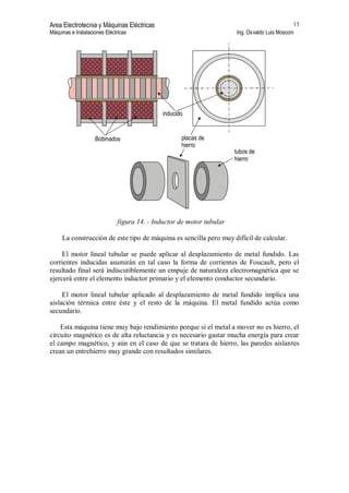 Area Electrotecnia y Máquinas Eléctricas
Máquinas e Instalaciones Eléctricas Ing. Osvaldo Luis Mosconi
13
tubos de
hierro
placas de
hierro
Bobinados
inducido
figura 14. - Inductor de motor tubular
La construcción de este tipo de máquina es sencilla pero muy difícil de calcular.
El motor lineal tubular se puede aplicar al desplazamiento de metal fundido. Las
corrientes inducidas asumirán en tal caso la forma de corrientes de Foucault, pero el
resultado final será indiscutiblemente un empuje de naturaleza electromagnética que se
ejercerá entre el elemento inductor primario y el elemento conductor secundario.
El motor lineal tubular aplicado al desplazamiento de metal fundido implica una
aislación térmica entre éste y el resto de la máquina. El metal fundido actúa como
secundario.
Esta máquina tiene muy bajo rendimiento porque si el metal a mover no es hierro, el
circuito magnético es de alta reluctancia y es necesario gastar mucha energía para crear
el campo magnético, y aún en el caso de que se tratara de hierro, las paredes aislantes
crean un entrehierro muy grande con resultados similares.
 