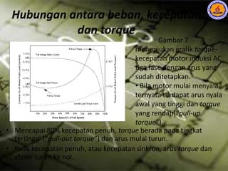 Hubungan antara beban, kecepatan
dan torque
• Mencapai 80% kecepatan penuh, torque berada pada tingkat
tertinggi (“pull-out torque”) dan arus mulai turun.
• Pada kecepatan penuh, atau kecepatan sinkron, arus torque dan
stator turun ke nol.
Gambar 7
menunjukan grafik torque-
kecepatan motor induksi AC
tiga fase dengan arus yang
sudah ditetapkan.
• Bila motor mulai menyala
ternyata terdapat arus nyala
awal yang tinggi dan torque
yang rendah(“pull-up
torque”).
 