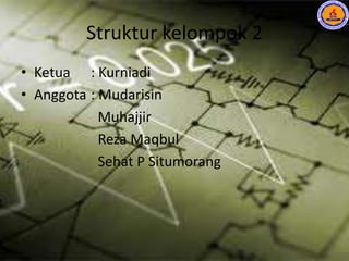 Struktur kelompok 2
• Ketua : Kurniadi
• Anggota : Mudarisin
Muhajjir
Reza Maqbul
Sehat P Situmorang
 