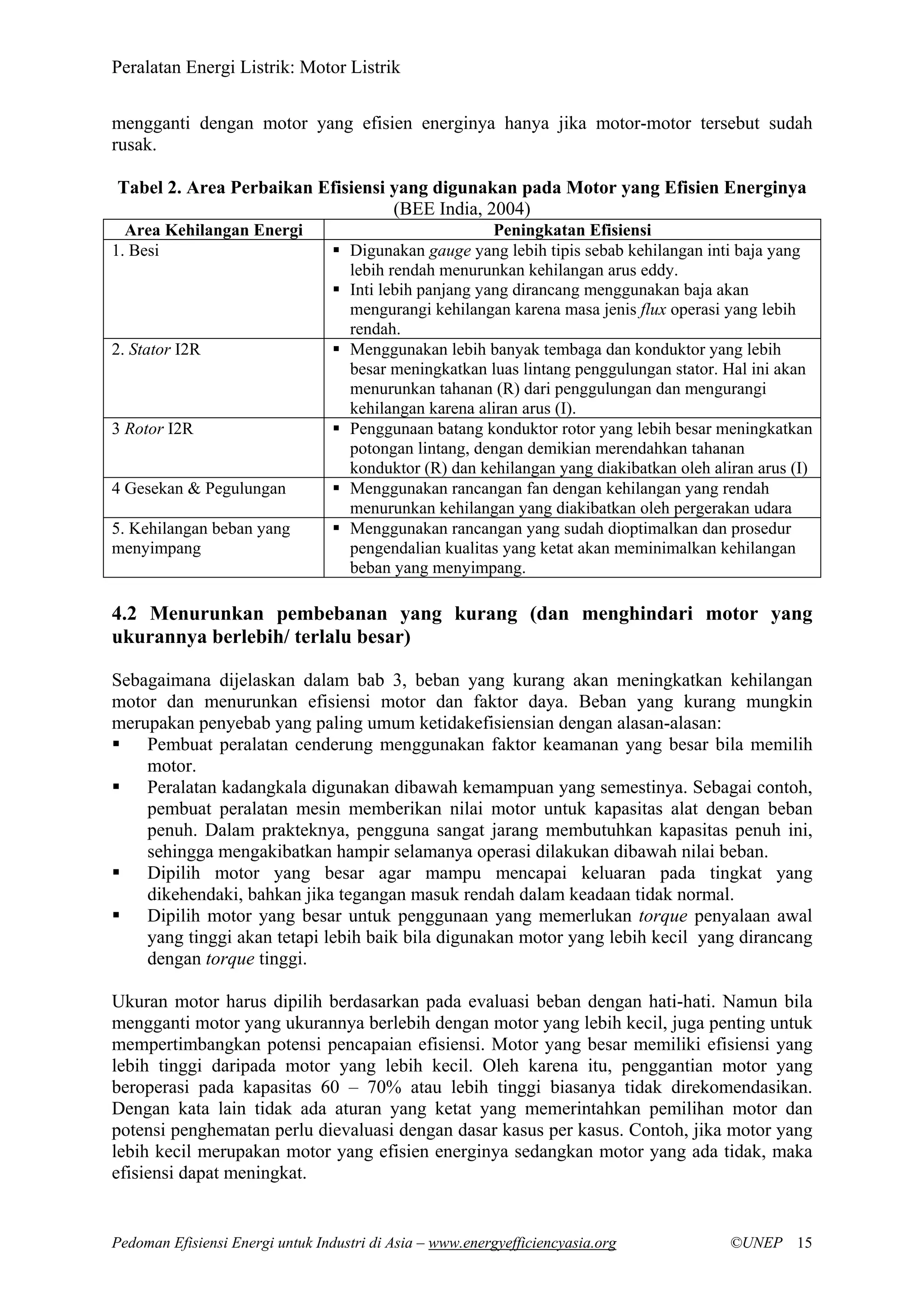 Peralatan Energi Listrik: Motor Listrik
Pedoman Efisiensi Energi untuk Industri di Asia – www.energyefficiencyasia.org ©UNEP 15
mengganti dengan motor yang efisien energinya hanya jika motor-motor tersebut sudah
rusak.
Tabel 2. Area Perbaikan Efisiensi yang digunakan pada Motor yang Efisien Energinya
(BEE India, 2004)
Area Kehilangan Energi Peningkatan Efisiensi
1. Besi Digunakan gauge yang lebih tipis sebab kehilangan inti baja yang
lebih rendah menurunkan kehilangan arus eddy.
Inti lebih panjang yang dirancang menggunakan baja akan
mengurangi kehilangan karena masa jenis flux operasi yang lebih
rendah.
2. Stator I2R Menggunakan lebih banyak tembaga dan konduktor yang lebih
besar meningkatkan luas lintang penggulungan stator. Hal ini akan
menurunkan tahanan (R) dari penggulungan dan mengurangi
kehilangan karena aliran arus (I).
3 Rotor I2R Penggunaan batang konduktor rotor yang lebih besar meningkatkan
potongan lintang, dengan demikian merendahkan tahanan
konduktor (R) dan kehilangan yang diakibatkan oleh aliran arus (I)
4 Gesekan & Pegulungan Menggunakan rancangan fan dengan kehilangan yang rendah
menurunkan kehilangan yang diakibatkan oleh pergerakan udara
5. Kehilangan beban yang
menyimpang
Menggunakan rancangan yang sudah dioptimalkan dan prosedur
pengendalian kualitas yang ketat akan meminimalkan kehilangan
beban yang menyimpang.
4.2 Menurunkan pembebanan yang kurang (dan menghindari motor yang
ukurannya berlebih/ terlalu besar)
Sebagaimana dijelaskan dalam bab 3, beban yang kurang akan meningkatkan kehilangan
motor dan menurunkan efisiensi motor dan faktor daya. Beban yang kurang mungkin
merupakan penyebab yang paling umum ketidakefisiensian dengan alasan-alasan:
Pembuat peralatan cenderung menggunakan faktor keamanan yang besar bila memilih
motor.
Peralatan kadangkala digunakan dibawah kemampuan yang semestinya. Sebagai contoh,
pembuat peralatan mesin memberikan nilai motor untuk kapasitas alat dengan beban
penuh. Dalam prakteknya, pengguna sangat jarang membutuhkan kapasitas penuh ini,
sehingga mengakibatkan hampir selamanya operasi dilakukan dibawah nilai beban.
Dipilih motor yang besar agar mampu mencapai keluaran pada tingkat yang
dikehendaki, bahkan jika tegangan masuk rendah dalam keadaan tidak normal.
Dipilih motor yang besar untuk penggunaan yang memerlukan torque penyalaan awal
yang tinggi akan tetapi lebih baik bila digunakan motor yang lebih kecil yang dirancang
dengan torque tinggi.
Ukuran motor harus dipilih berdasarkan pada evaluasi beban dengan hati-hati. Namun bila
mengganti motor yang ukurannya berlebih dengan motor yang lebih kecil, juga penting untuk
mempertimbangkan potensi pencapaian efisiensi. Motor yang besar memiliki efisiensi yang
lebih tinggi daripada motor yang lebih kecil. Oleh karena itu, penggantian motor yang
beroperasi pada kapasitas 60 – 70% atau lebih tinggi biasanya tidak direkomendasikan.
Dengan kata lain tidak ada aturan yang ketat yang memerintahkan pemilihan motor dan
potensi penghematan perlu dievaluasi dengan dasar kasus per kasus. Contoh, jika motor yang
lebih kecil merupakan motor yang efisien energinya sedangkan motor yang ada tidak, maka
efisiensi dapat meningkat.
 