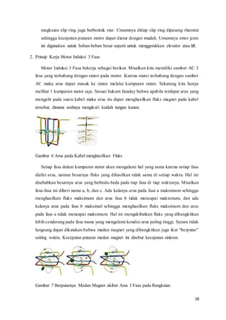 18
rangkaian slip ring juga berbentuk star. Umumnya ditiap slip ring dipasang rheostat
sehingga kecepatan putaran motor dapat diatur dengan mudah. Umumnya rotor jenis
ini digunakan untuk beban-beban besar seperti untuk menggerakkan elevator atau lift.
2. Prinsip Kerja Motor Induksi 3 Fasa
Motor Induksi 3 Fasa bekerja sebagai berikut. Misalkan kita memiliki sumber AC 3
fasa yang terhubung dengan stator pada motor. Karena stator terhubung dengan sumber
AC maka arus dapat masuk ke stator melalui kumparan stator. Sekarang kita hanya
melihat 1 kumparan stator saja. Sesuai hukum faraday bahwa apabila terdapat arus yang
mengalir pada suatu kabel maka arus itu dapat menghasilkan fluks magnet pada kabel
tersebut, dimana arahnya mengikuti kaidah tangan kanan.
Gambar 6 Arus pada Kabel menghasilkan Fluks
Setiap fasa dalam kumparan stator akan mengalami hal yang sama karena setiap fasa
dialiri arus, namun besarnya fluks yang dihasilkan tidak sama di setiap waktu. Hal ini
disebabkan besarnya arus yang berbeda-beda pada tiap fasa di tiap waktunya. Misalkan
fasa-fasa ini diberi nama a, b, dan c. Ada kalanya arus pada fasa a maksimum sehingga
menghasilkan fluks maksimum dan arus fasa b tidak mencapai makismum, dan ada
kalanya arus pada fasa b maksimal sehingga menghasilkan fluks maksimum dan arus
pada fasa a tidak mencapai maksimum. Hal ini mengakibatkan fluks yang dibangkitkan
lebih cenderung pada fasa mana yang mengalami kondisi arus paling tinggi. Secara tidak
langsung dapat dikatakan bahwa medan magnet yang dibangkitkan juga ikut “berputar”
seiring waktu. Kecepatan putaran medan magnet ini disebut kecepatan sinkron.
Gambar 7 Berputarnya Medan Magnet akibat Arus 3 Fasa pada Rangkaian
 