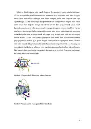 19
Sekarang ditinjau kasus rotor sudah dipasang dan kumparan stator sudah dialiri arus.
Akibat adanya fluks pada kumparan stator maka arus akan terinduksi pada rotor. Anggap
rotor dibuat sedemikian sehingga arus dapat mengalir pada rotor (seperti rotor tipe
squirrel cage). Akibat munculnya arus pada rotor dan adanya medan magnet pada stator
maka rotor akan berputar mengikuti hukum lorentz. Hal yang menarik disini ialah
kecepatan putaran rotor tidak akan pernah mencapai kecepatan sinkron atau lebih. Hal ini
disebabkan karena apabila kecepatan sinkron dan rotor sama, maka tidak ada arus yang
terinduksi pada rotor sehingga tidak ada gaya yang terjadi pada rotor sesuai dengan
hukum lorentz. Akibat tidak adanya gaya pada rotor maka rotor jadi melambat akibat
gaya-gaya kecil (seperti gaya gesek dengan sumbu rotor atau pengaruh udara). Namun
saat rotor melambat kecepatan sinkron dan kecepatan rotor jadi berbeda. Akibatnya pada
rotor akan terinduksi arus sehingga rotor mendapatkan gaya berdasarkan hukum lorentz.
Dari gaya itulah motor dapat menambah kecepatannya kembali. Fenomena perbedaan
kecepatan ini dikenal sebagai slip.
Gambar 8 Gaya timbul akibat dari hukum Lorentz
Gambar 9 Gaya Akibat Fluks pada Stator dan Rotor
 