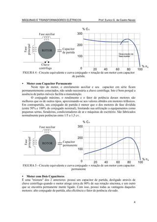 MÁQUINAS E TRANSFORMADORES ELÉTRICOS                         Prof. Eurico G. de Castro Neves


                                                %C
                Fase auxiliar                300


                                             200
    principal
      Fase




                  ROTOR         Capacitor
                                de partida                                    Desconexão da
                                             100                              fase auxiliar



             Chave
                                                                                         % ns
           centrífuga                        0        20       40     60       80     100
FIGURA 4 - Circuito equivalente e curva conjugado × rotação de um motor com capacitor
                                      de partida.

•   Motor com Capacitor Permanente
        Neste tipo de motor, o enrolamento auxiliar e seu capacitor em série ficam
permanentemente conectados, não sendo necessária a chave centrífuga. Isto é bom porquê a
ausência de partes móveis facilita a manutenção.
        O conjugado máximo, o rendimento e o fator de potência desses motores são
melhores que os de outros tipos, aproximando-se aos valores obtidos em motores trifásicos.
Em contrapartida, seu conjugado de partida é menor que o dos motores de fase dividida
(entre 50% e 100% do conjugado nominal), limitando sua utilização a equipamentos como
pequenas serras, furadeiras, condicionadores de ar e máquinas de escritório. São fabricados
normalmente para potências entre 1/5 a 1,5 cv.

                                                %C
                Fase auxiliar                300


                                             200
    principal
      Fase




                  ROTOR         Capacitor
                                permanente
                                             100


                                                                                                     % ns
                                            0         20       40      60      80                 100
FIGURA 5 - Circuito equivalente e curva conjugado × rotação de um motor com capacitor
                                     permanente

• Motor com Dois Capacitores
É uma "mistura" dos 2 anteriores: possui um capacitor de partida, desligado através de
chave centrífuga quando o motor atinge cerca de 80% de sua rotação síncrona, e um outro
que se encontra permanente mente ligado. Com isso, possui todas as vantagens daqueles
motores: alto conjugado de partida, alta eficiência e fator de potência elevado.


                                                                                              4
 