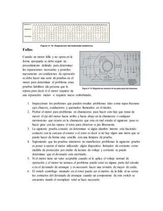 Fallas
Cuando un motor falla y no opera en la
forma apropiada se debe seguir un
procedimiento definido para determinar
las reparaciones necesarias y ponerlos
nuevamente en condiciones de operación
se debe hacer una serie de pruebas en el
motor para determinar el problema estas
pruebas habilitan ala persona que lo
repara para decir si el motor requiere de
una reparación menor o requiere nuevo embobinado.
1. Inspeccionar los probemos que pueden resultar problemas tales como tapas fracturar
ejes chuecos, conductores y quemados flameados en el núcleo.
2. Probar el motor para problemas en chumaceras para hacer esto hay que tratar de
mover el eje del motor hacia arriba y hacia abajo en la chumacera o cualquier
movimiento que ocurra en la chumacera que esta en mal estado el siguiente paso es
hacer girar con las manos el rotor para observar si jira libremente.
3. La siguiente prueba consiste en determinar si algún alambre interno esta haciendo
contacto con la carcaza el estator o el rotor es decir si no hay algún una tierra que se
puede hacer de forma muy sencilla con una lámpara de prueba.
4. Suponiendo que las pruebas anteriores no manifiestan problemas la siguiente prueba
es poner a operar el motor utilizando algún dispositivo limitador de corriente como
medida de protección por medio de lectura de voltaje y corriente se puede
determinar que el devanado esta aterrizado.
5. Si el motor tiene un valor aceptable cuando sé le aplica el voltaje normal de
operación y el motor no arranca el problema puede estar en alguna parte del circuito
o en el devanado de arranque y es necesario hacer una revisión de mayor de caída.
6. El switch centrífugo montado en el rotor puede ser el motivo de la falla al no serrar
los contactos del devanado de arranque cuando un componente de este switch se
encuentra dando el reemplazo total se hace necesario.
 