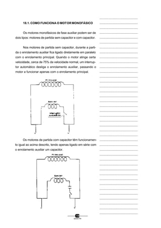 SENAI-PR
130
...............................................
...............................................
...............................................
...............................................
...............................................
...............................................
...............................................
...............................................
...............................................
...............................................
...............................................
...............................................
...............................................
...............................................
...............................................
...............................................
...............................................
...............................................
...............................................
...............................................
...............................................
...............................................
...............................................
...............................................
...............................................
...............................................
...............................................
...............................................
...............................................
...............................................
...............................................
...............................................
...............................................
...............................................
...............................................
...............................................
...............................................
...............................................
...............................................
...............................................
...............................................
18.1. COMO FUNCIONA O MOTORMONOFÁSICO
Os motores monofásicos de fase auxiliar podem ser de
dois tipos: motores de partida sem capacitor e com capacitor.
Nos motores de partida sem capacitor, durante a parti-
da o enrolamento auxiliar fica ligado diretamente em paralelo
com o enrolamento principal. Quando o motor atinge certa
velocidade, cerca de 75% da velocidade normal, um interrup-
tor automático desliga o enrolamento auxiliar, passando o
motor a funcionar apenas com o enrolamento principal.
Os motores de partida com capacitor têm funcionamen-
to igual ao acima descrito, tendo apenas ligado em série com
o enrolamento auxiliar um capacitor.
 