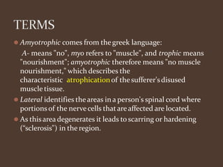 ⚫ Amyotrophic comes from thegreek language:
A- means "no", myo refers to "muscle", and trophic means
"nourishment"; amyotrophic therefore means "no muscle
nourishment," which describes the
characteristic atrophicationof thesufferer'sdisused
muscle tissue.
⚫ Lateral identifies theareas in a person's spinal cord where
portions of the nervecells thatareaffected are located.
⚫ As thisarea degenerates it leads to scarring or hardening
(“sclerosis") in the region.
 