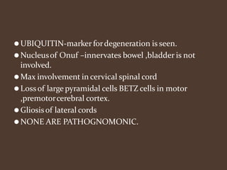 ⚫UBIQUITIN-marker fordegeneration is seen.
⚫Nucleusof Onuf –innervates bowel ,bladder is not
involved.
⚫Max involvement in cervical spinal cord
⚫Lossof large pyramidal cells BETZ cells in motor
,premotorcerebral cortex.
⚫Gliosisof lateral cords
⚫NONE ARE PATHOGNOMONIC.
 