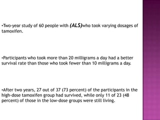 •Two-year study of 60 people with (ALS)who took varying dosages of
tamoxifen.
•Participants who took more than 20 milligrams a day had a better
survival rate than those who took fewer than 10 milligrams a day.
•After two years, 27 out of 37 (73 percent) of the participants in the
high-dose tamoxifen group had survived, while only 11 of 23 (48
percent) of those in the low-dose groups were still living.
 