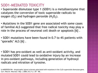 SOD1-MEDIATED TOXICITY
• Superoxide dismutase type 1 (SOD1) is a metalloenzyme that
catalyzes the conversion of toxic superoxide radicals to
oxygen (O2) and hydrogen peroxide (H2O2).

• Mutations in the SOD1 gene are associated with some cases
of familial ALS suggested that free radical toxicity may play a
role in the process of neuronal cell death or apoptosis [6] .

• SOD1 mutations have been found in 0.7 to 4% patients with
"sporadic" ALS [6] .


• SOD1 has pro-oxidant as well as anti-oxidant activity, and
mutated SOD1 could lead to oxidative injury by an increase
in pro-oxidant pathways, including generation of hydroxyl
radicals and nitration of tyrosine.

6-ANDERSEN PM : Amyotrophic lateral sclerosis associated with mutations in the CuZn superoxide dismutase gene.
Curr. Neurol. Neurosci. Rep. ( 2006 ) 6 ( 1 ) : 37 - 46 .
 