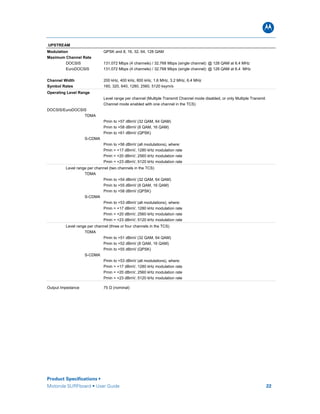B
Product Specifications •
Motorola SURFboard • User Guide 22
UPSTREAM
Modulation QPSK and 8, 16, 32, 64, 128 QAM
Maximum Channel Rate
DOCSIS 131.072 Mbps (4 channels) / 32.768 Mbps (single channel): @ 128 QAM at 6.4 MHz
EuroDOCSIS 131.072 Mbps (4 channels) / 32.768 Mbps (single channel): @ 128 QAM at 6.4 MHz
Channel Width 200 kHz, 400 kHz, 800 kHz, 1.6 MHz, 3.2 MHz, 6.4 MHz
Symbol Rates 160, 320, 640, 1280, 2560, 5120 ksym/s
Operating Level Range
Level range per channel (Multiple Transmit Channel mode disabled, or only Multiple Transmit
Channel mode enabled with one channel in the TCS)
DOCSIS/EuroDOCSIS
TDMA
Pmin to +57 dBmV (32 QAM, 64 QAM)
Pmin to +58 dBmV (8 QAM, 16 QAM)
Pmin to +61 dBmV (QPSK)
S-CDMA
Pmin to +56 dBmV (all modulations), where:
Pmin = +17 dBmV, 1280 kHz modulation rate
Pmin = +20 dBmV, 2560 kHz modulation rate
Pmin = +23 dBmV, 5120 kHz modulation rate
Level range per channel (two channels in the TCS)
TDMA
Pmin to +54 dBmV (32 QAM, 64 QAM)
Pmin to +55 dBmV (8 QAM, 16 QAM)
Pmin to +58 dBmV (QPSK)
S-CDMA
Pmin to +53 dBmV (all modulations), where:
Pmin = +17 dBmV, 1280 kHz modulation rate
Pmin = +20 dBmV, 2560 kHz modulation rate
Pmin = +23 dBmV, 5120 kHz modulation rate
Level range per channel (three or four channels in the TCS)
TDMA
Pmin to +51 dBmV (32 QAM, 64 QAM)
Pmin to +52 dBmV (8 QAM, 16 QAM)
Pmin to +55 dBmV (QPSK)
S-CDMA
Pmin to +53 dBmV (all modulations), where:
Pmin = +17 dBmV, 1280 kHz modulation rate
Pmin = +20 dBmV, 2560 kHz modulation rate
Pmin = +23 dBmV, 5120 kHz modulation rate
Output Impedance 75 Ω (nominal)
 