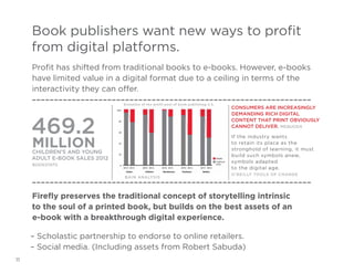 Book publishers want new ways to profit
from digital platforms.
Profit has shifted from traditional books to e-books. However, e-books
have limited value in a digital format due to a ceiling in terms of the
interactivity they can offer.
Evolution of the profit pool of book publishing U.S.

469.2

Consumers are increasingly
demanding rich digital
content that print obviously
cannot deliver. Mequoda
If the industry wants
to retain its place as the
stronghold of learning, it must
build such symbols anew,
symbols adapted
to the digital age.

Million

children’s and young
adult E-book sales 2012
BookStats
Bain analysis

O’Reilly Tools of Change

Firefly preserves the traditional concept of storytelling intrinsic
to the soul of a printed book, but builds on the best assets of an
e-book with a breakthrough digital experience.
– Scholastic partnership to endorse to online retailers.
– Social media. (Including assets from Robert Sabuda)
11

 