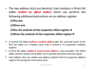 • The two address ALUs are identical. Each contains a 24-bit full
adder (called an offset adder) which can perform the
following additions/subtractions on an address register:
Plus one
Minus one
Plus the contents of the respective offset register N
Minus the contents of the respective offset register N
 A second full adder (called a modulo adder) adds the summed result of the
first full adder to a modulo value that is stored in its respective modifier
register.
 A third full adder (called a reverse-carry adder) is also provided. The offset
adder and the reverse-carry adder are in parallel and share common inputs.
 Each address ALU can update one address register from its respective address
register file during one instruction cycle.
Dr.Sudhir N Shelke 13
 