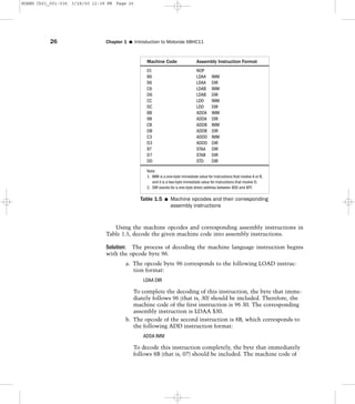 Using the machine opcodes and corresponding assembly instructions in
Table 1.5, decode the given machine code into assembly instructions.
Solution: The process of decoding the machine language instruction begins
with the opcode byte 96.
a. The opcode byte 96 corresponds to the following LOAD instruc-
tion format:
LDAA DIR
To complete the decoding of this instruction, the byte that imme-
diately follows 96 (that is, 30) should be included. Therefore, the
machine code of the first instruction is 96 30. The corresponding
assembly instruction is LDAA $30.
b. The opcode of the second instruction is 8B, which corresponds to
the following ADD instruction format:
ADDA IMM
To decode this instruction completely, the byte that immediately
follows 8B (that is, 07) should be included. The machine code of
26 Chapter 1 I Introduction to Motorola 68HC11
Machine Code Assembly Instruction Format
01 NOP
86 LDAA IMM
96 LDAA DIR
C6 LDAB IMM
D6 LDAB DIR
CC LDD IMM
DC LDD DIR
8B ADDA IMM
9B ADDA DIR
CB ADDB IMM
DB ADDB DIR
C3 ADDD IMM
D3 ADDD DIR
97 STAA DIR
D7 STAB DIR
DD STD DIR
Note:
1. IMM is a one-byte immediate value for instructions that involve A or B,
and it is a two-byte immediate value for instructions that involve D.
2. DIR stands for a one-byte direct address between $00 and $FF.
Table 1.5 I Machine opcodes and their corresponding
assembly instructions
HUANG Ch01_001-036 3/28/00 12:38 PM Page 26
 
