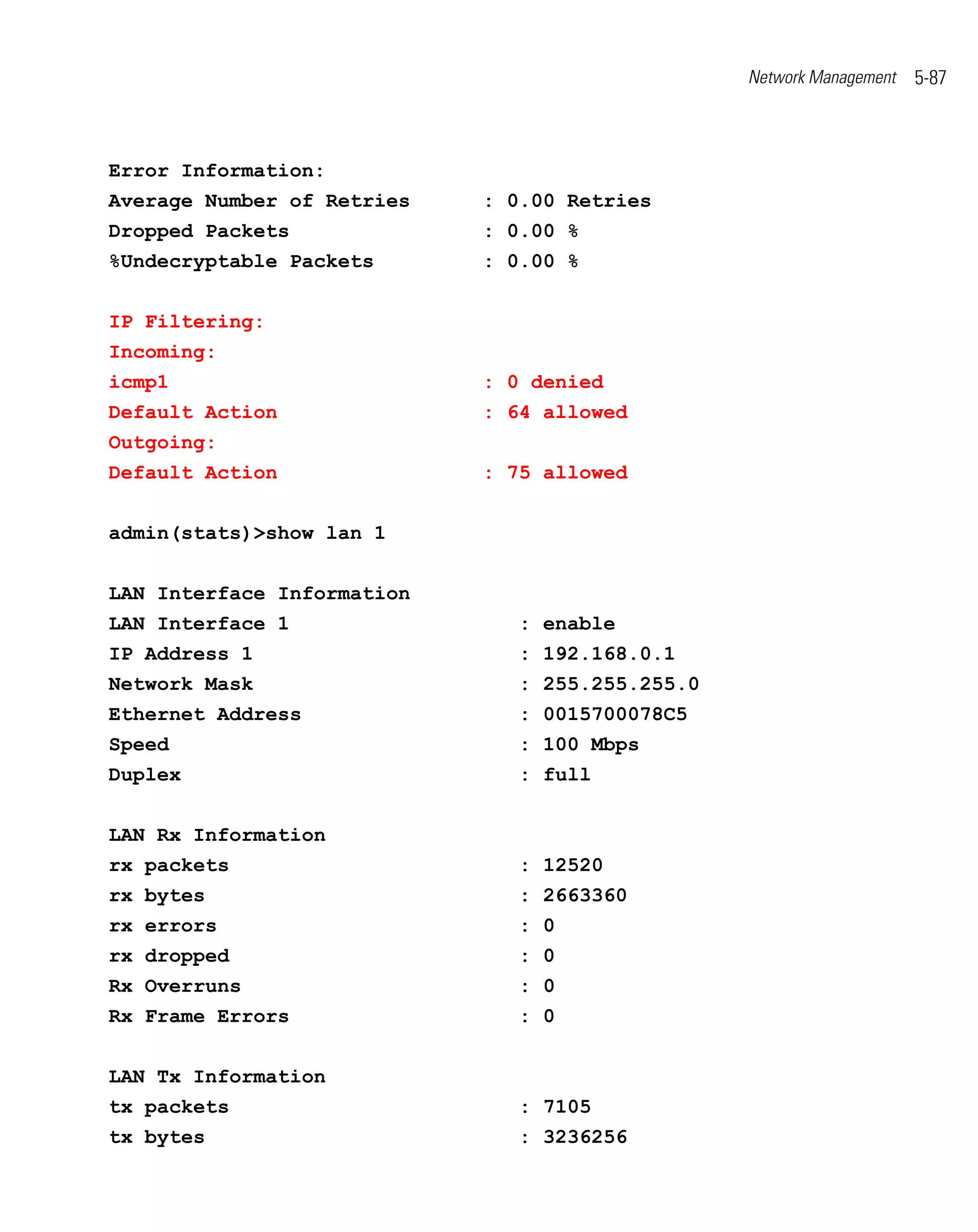 Network Management   5-87



Error Information:
Average Number of Retries   : 0.00 Retries
Dropped Packets             : 0.00 %
%Undecryptable Packets      : 0.00 %


IP Filtering:
Incoming:
icmp1                       : 0 denied
Default Action              : 64 allowed
Outgoing:
Default Action              : 75 allowed


admin(stats)>show lan 1


LAN Interface Information
LAN Interface 1                : enable
IP Address 1                   : 192.168.0.1
Network Mask                   : 255.255.255.0
Ethernet Address               : 0015700078C5
Speed                          : 100 Mbps
Duplex                         : full


LAN Rx Information
rx packets                     : 12520
rx bytes                       : 2663360
rx errors                      : 0
rx dropped                     : 0
Rx Overruns                    : 0
Rx Frame Errors                : 0


LAN Tx Information
tx packets                     : 7105
tx bytes                       : 3236256
 