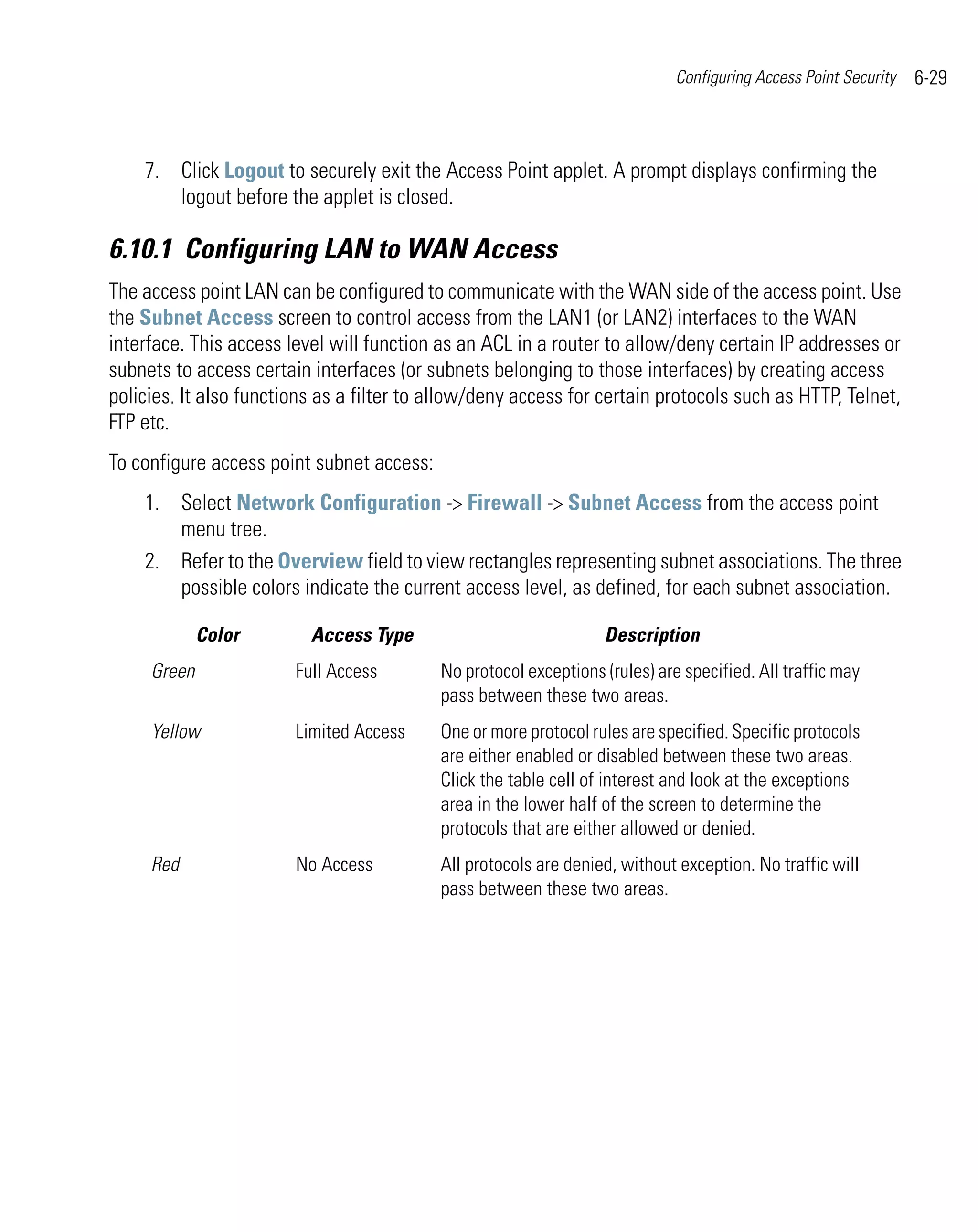 Configuring Access Point Security   6-29



    7. Click Logout to securely exit the Access Point applet. A prompt displays confirming the
       logout before the applet is closed.

6.10.1 Configuring LAN to WAN Access
The access point LAN can be configured to communicate with the WAN side of the access point. Use
the Subnet Access screen to control access from the LAN1 (or LAN2) interfaces to the WAN
interface. This access level will function as an ACL in a router to allow/deny certain IP addresses or
subnets to access certain interfaces (or subnets belonging to those interfaces) by creating access
policies. It also functions as a filter to allow/deny access for certain protocols such as HTTP, Telnet,
FTP etc.
To configure access point subnet access:
    1. Select Network Configuration -> Firewall -> Subnet Access from the access point
       menu tree.
    2. Refer to the Overview field to view rectangles representing subnet associations. The three
       possible colors indicate the current access level, as defined, for each subnet association.

             Color        Access Type                             Description
     Green              Full Access        No protocol exceptions (rules) are specified. All traffic may
                                           pass between these two areas.
     Yellow             Limited Access     One or more protocol rules are specified. Specific protocols
                                           are either enabled or disabled between these two areas.
                                           Click the table cell of interest and look at the exceptions
                                           area in the lower half of the screen to determine the
                                           protocols that are either allowed or denied.
     Red                No Access          All protocols are denied, without exception. No traffic will
                                           pass between these two areas.
 