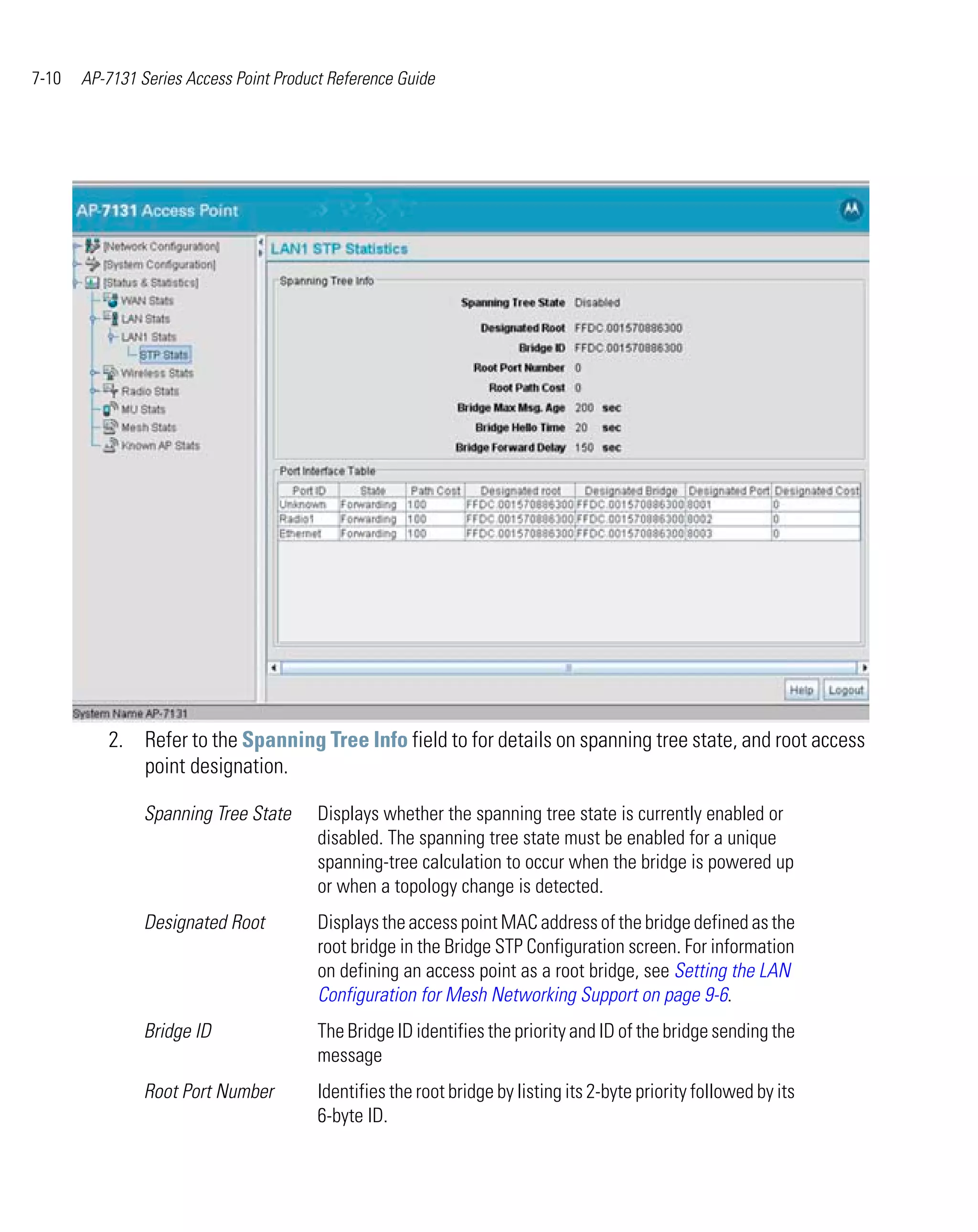 7-10   AP-7131 Series Access Point Product Reference Guide




          2. Refer to the Spanning Tree Info field to for details on spanning tree state, and root access
             point designation.

                Spanning Tree State      Displays whether the spanning tree state is currently enabled or
                                         disabled. The spanning tree state must be enabled for a unique
                                         spanning-tree calculation to occur when the bridge is powered up
                                         or when a topology change is detected.
                Designated Root          Displays the access point MAC address of the bridge defined as the
                                         root bridge in the Bridge STP Configuration screen. For information
                                         on defining an access point as a root bridge, see Setting the LAN
                                         Configuration for Mesh Networking Support on page 9-6.
                Bridge ID                The Bridge ID identifies the priority and ID of the bridge sending the
                                         message
                Root Port Number         Identifies the root bridge by listing its 2-byte priority followed by its
                                         6-byte ID.
 