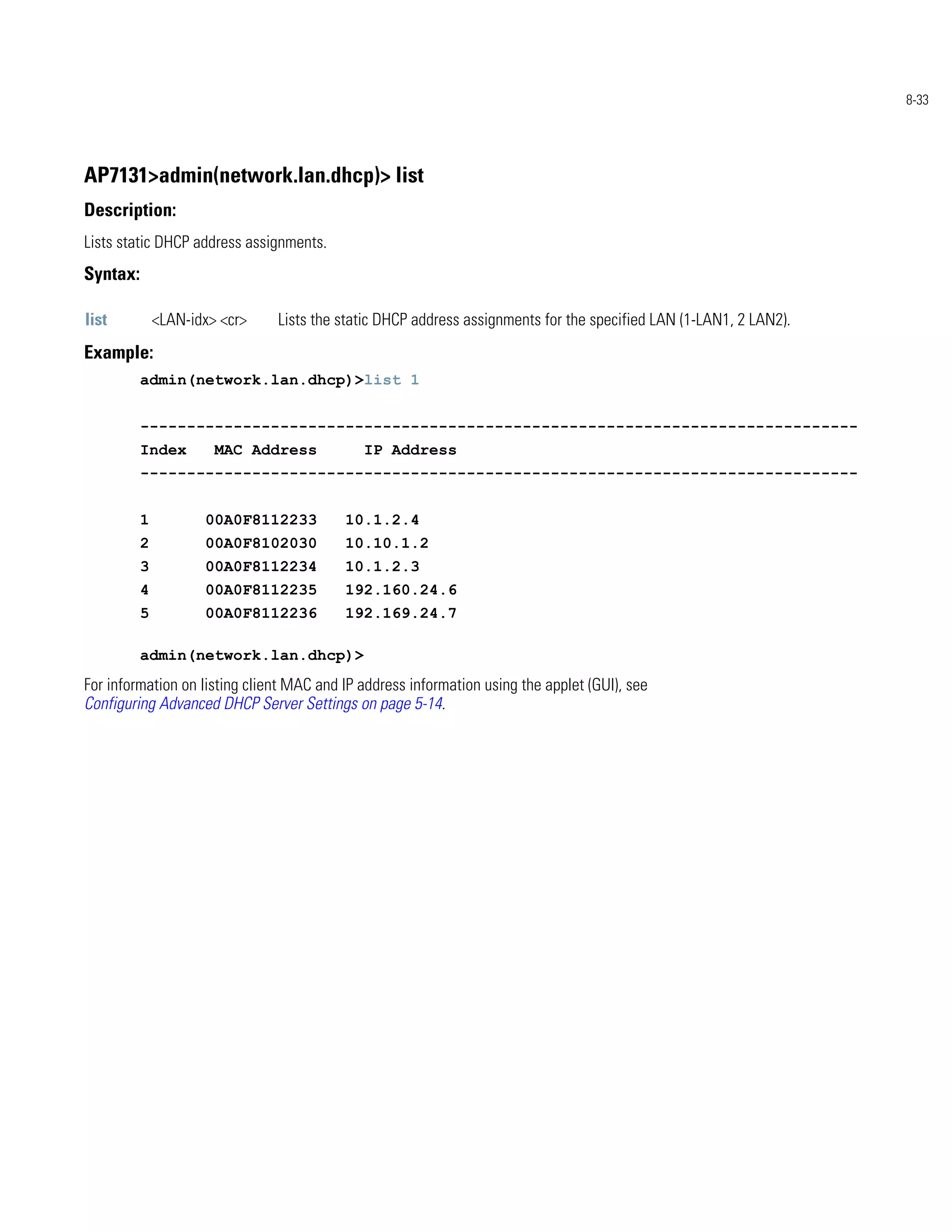 8-33




AP7131>admin(network.lan.dhcp)> list
Description:
Lists static DHCP address assignments.
Syntax:

list          <LAN-idx> <cr>   Lists the static DHCP address assignments for the specified LAN (1-LAN1, 2 LAN2).
Example:
          admin(network.lan.dhcp)>list 1


          -----------------------------------------------------------------------------
          Index        MAC Address           IP Address
          -----------------------------------------------------------------------------


          1          00A0F8112233         10.1.2.4
          2          00A0F8102030         10.10.1.2
          3          00A0F8112234         10.1.2.3
          4          00A0F8112235         192.160.24.6
          5          00A0F8112236         192.169.24.7

          admin(network.lan.dhcp)>
For information on listing client MAC and IP address information using the applet (GUI), see
Configuring Advanced DHCP Server Settings on page 5-14.
 