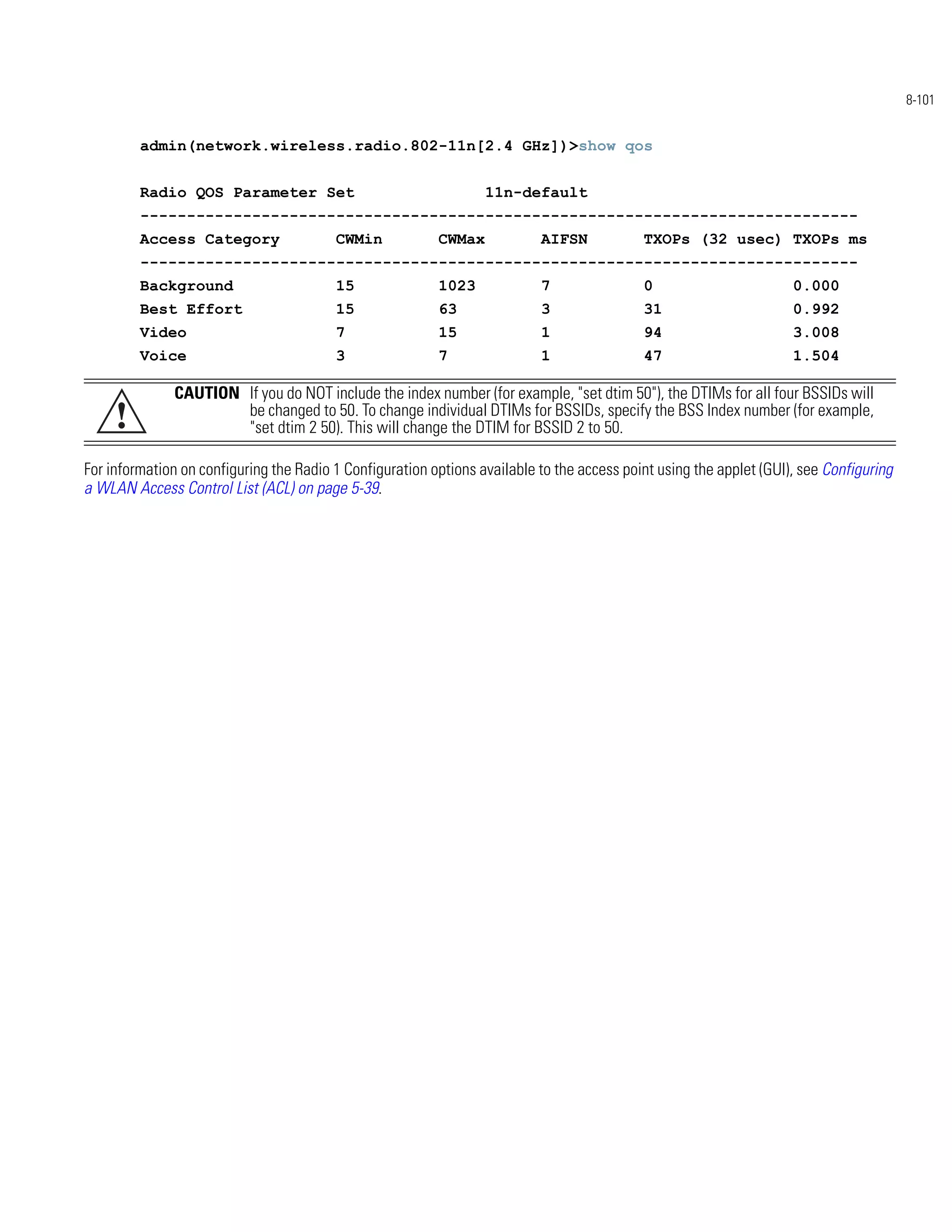 8-101


         admin(network.wireless.radio.802-11n[2.4 GHz])>show qos


         Radio QOS Parameter Set                                  11n-default
         -----------------------------------------------------------------------------
         Access Category                 CWMin            CWMax            AIFSN            TXOPs (32 usec) TXOPs ms
         -----------------------------------------------------------------------------
         Background                      15               1023             7                0                        0.000
         Best Effort                     15               63               3                31                       0.992
         Video                           7                15               1                94                       3.008
         Voice                           3                7                1                47                       1.504

              CAUTION If you do NOT include the index number (for example, "set dtim 50"), the DTIMs for all four BSSIDs will
     !                be changed to 50. To change individual DTIMs for BSSIDs, specify the BSS Index number (for example,
                      "set dtim 2 50). This will change the DTIM for BSSID 2 to 50.

For information on configuring the Radio 1 Configuration options available to the access point using the applet (GUI), see Configuring
a WLAN Access Control List (ACL) on page 5-39.
 
