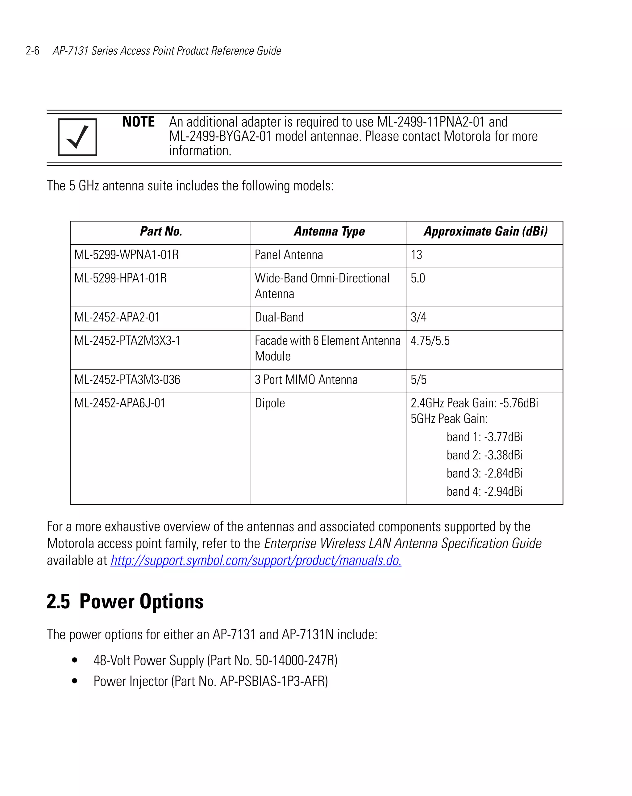 2-6    AP-7131 Series Access Point Product Reference Guide




                      NOTE An additional adapter is required to use ML-2499-11PNA2-01 and
                           ML-2499-BYGA2-01 model antennae. Please contact Motorola for more
                           information.

      The 5 GHz antenna suite includes the following models:


                          Part No.                           Antenna Type              Approximate Gain (dBi)
           ML-5299-WPNA1-01R                        Panel Antenna                 13
           ML-5299-HPA1-01R                         Wide-Band Omni-Directional    5.0
                                                    Antenna
           ML-2452-APA2-01                          Dual-Band                     3/4
           ML-2452-PTA2M3X3-1                       Facade with 6 Element Antenna 4.75/5.5
                                                    Module
           ML-2452-PTA3M3-036                       3 Port MIMO Antenna           5/5
           ML-2452-APA6J-01                         Dipole                        2.4GHz Peak Gain: -5.76dBi
                                                                                  5GHz Peak Gain:
                                                                                         band 1: -3.77dBi
                                                                                         band 2: -3.38dBi
                                                                                         band 3: -2.84dBi
                                                                                         band 4: -2.94dBi

      For a more exhaustive overview of the antennas and associated components supported by the
      Motorola access point family, refer to the Enterprise Wireless LAN Antenna Specification Guide
      available at http://support.symbol.com/support/product/manuals.do.


      2.5 Power Options
      The power options for either an AP-7131 and AP-7131N include:
          •     48-Volt Power Supply (Part No. 50-14000-247R)
          •     Power Injector (Part No. AP-PSBIAS-1P3-AFR)
 