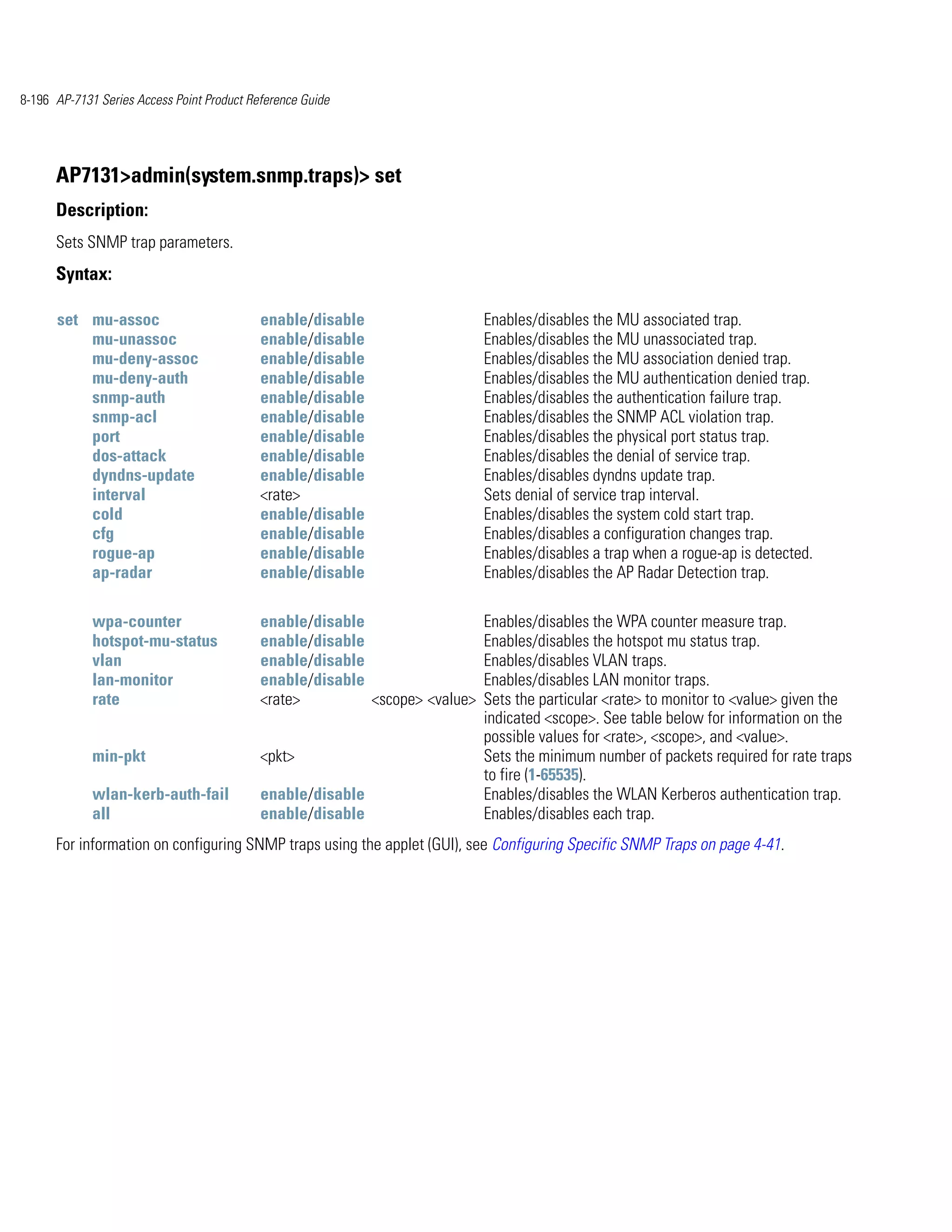 8-196 AP-7131 Series Access Point Product Reference Guide




      AP7131>admin(system.snmp.traps)> set
      Description:
      Sets SNMP trap parameters.
      Syntax:

      set mu-assoc                          enable/disable                   Enables/disables the MU associated trap.
          mu-unassoc                        enable/disable                   Enables/disables the MU unassociated trap.
          mu-deny-assoc                     enable/disable                   Enables/disables the MU association denied trap.
          mu-deny-auth                      enable/disable                   Enables/disables the MU authentication denied trap.
          snmp-auth                         enable/disable                   Enables/disables the authentication failure trap.
          snmp-acl                          enable/disable                   Enables/disables the SNMP ACL violation trap.
          port                              enable/disable                   Enables/disables the physical port status trap.
          dos-attack                        enable/disable                   Enables/disables the denial of service trap.
          dyndns-update                     enable/disable                   Enables/disables dyndns update trap.
          interval                          <rate>                           Sets denial of service trap interval.
          cold                              enable/disable                   Enables/disables the system cold start trap.
          cfg                               enable/disable                   Enables/disables a configuration changes trap.
          rogue-ap                          enable/disable                   Enables/disables a trap when a rogue-ap is detected.
          ap-radar                          enable/disable                   Enables/disables the AP Radar Detection trap.

             wpa-counter                    enable/disable                   Enables/disables the WPA counter measure trap.
             hotspot-mu-status              enable/disable                   Enables/disables the hotspot mu status trap.
             vlan                           enable/disable                   Enables/disables VLAN traps.
             lan-monitor                    enable/disable                   Enables/disables LAN monitor traps.
             rate                           <rate>         <scope> <value>   Sets the particular <rate> to monitor to <value> given the
                                                                             indicated <scope>. See table below for information on the
                                                                             possible values for <rate>, <scope>, and <value>.
             min-pkt                        <pkt>                            Sets the minimum number of packets required for rate traps
                                                                             to fire (1-65535).
             wlan-kerb-auth-fail            enable/disable                   Enables/disables the WLAN Kerberos authentication trap.
             all                            enable/disable                   Enables/disables each trap.
      For information on configuring SNMP traps using the applet (GUI), see Configuring Specific SNMP Traps on page 4-41.
 